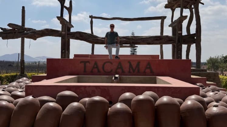 Traditional wooden wine press monument with clay jars and distant mountains at Tacama winery.