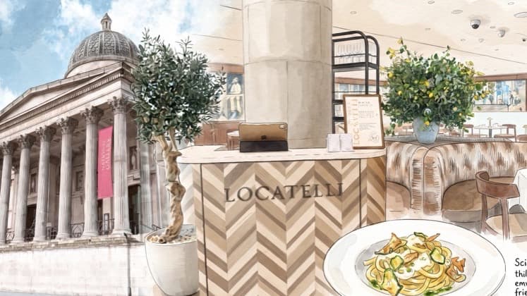 Watercolor illustration showing the exterior and interior of Locatelli.